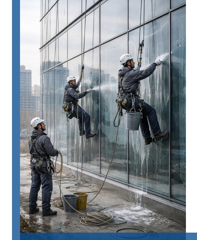 Промышленная мойка панорамных окон на высоте в Кизляре