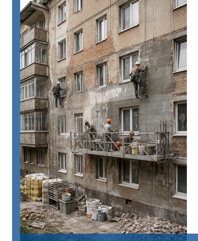 Капитальный ремонт фасада в Кизляре с восстановлением и гидроизоляцией