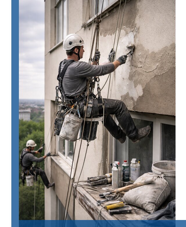 Косметический ремонт фасада зданий в Кизляре промышленными альпинистами