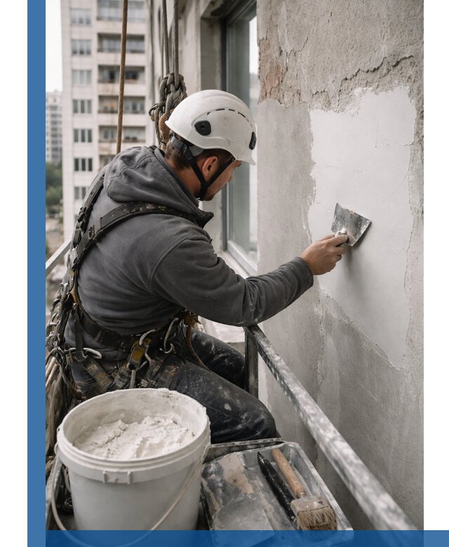 Шпаклевка фасадов на высоте с промальпинистами в Кизляре