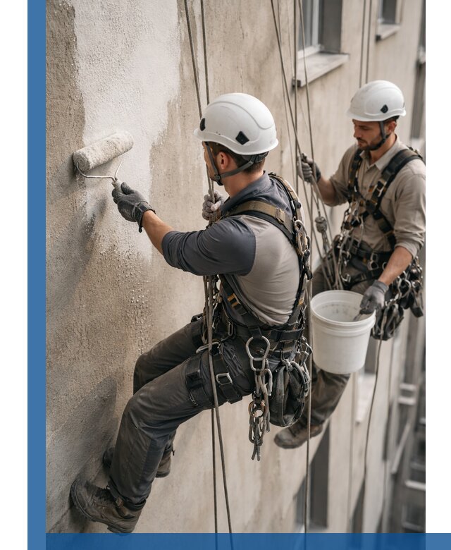 Грунтовка фасада на высоте в Кизляре промышленными альпинистами