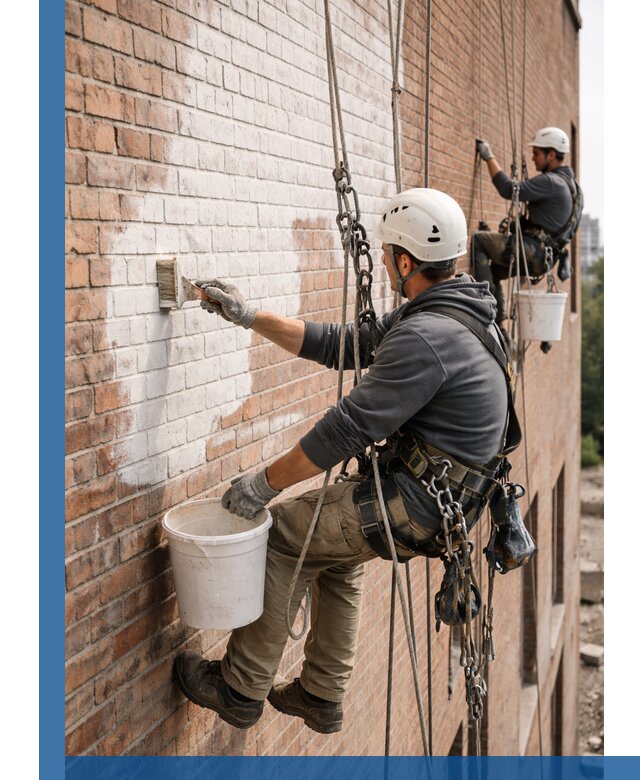 Покраска кирпичного фасада с доступным альпинистским сервисом в Кизляре