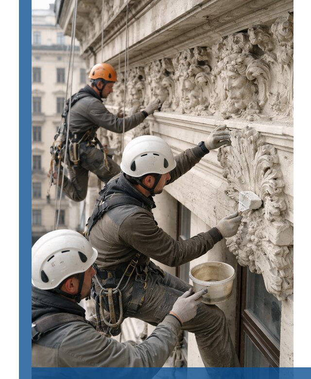 Реставрация фасадной лепнины с высотными работами в Кизляре