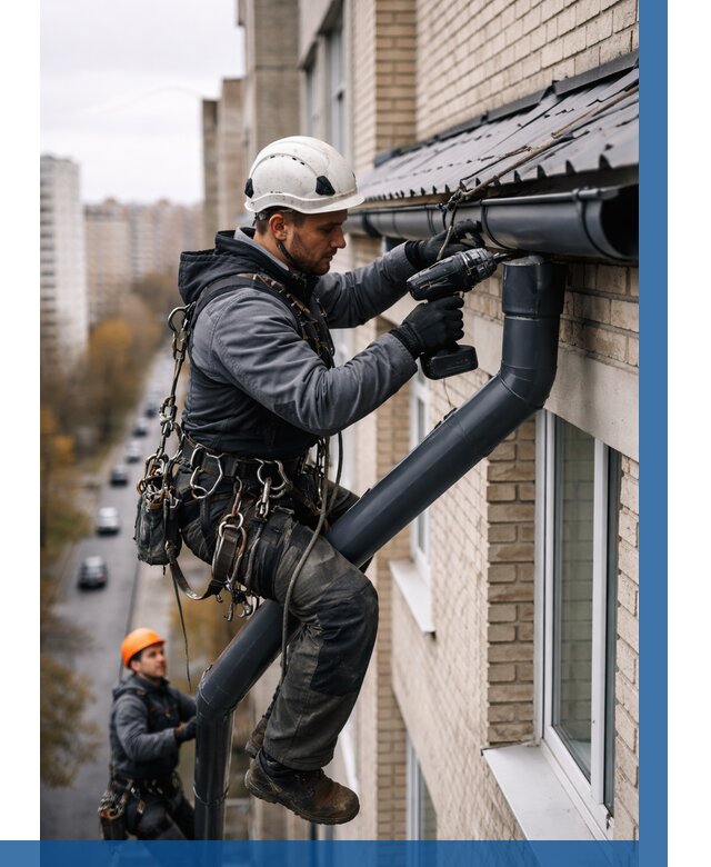 Монтаж водосточной системы на здании в Кизляре от 5081 р. | ВЫСОТНИК-Кзр