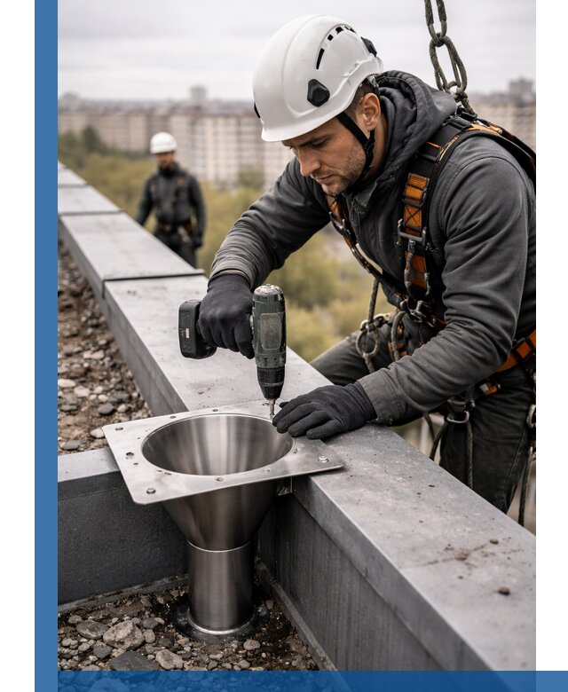 Монтаж водосточных воронок в Кизляре для промышленных зданий