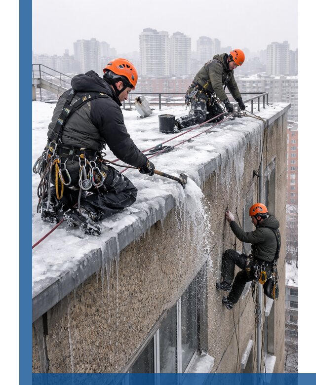 Удаление наледи с кровли в Кизляре промышленными альпинистами