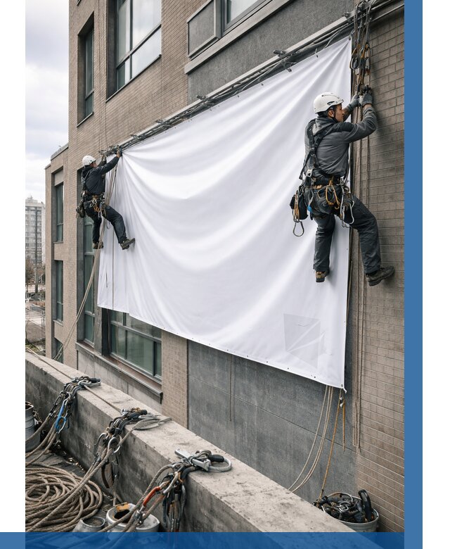 Монтаж баннеров на фасаде в Кизляре от 660 р. заказать ВЫСОТНИК-Кзр