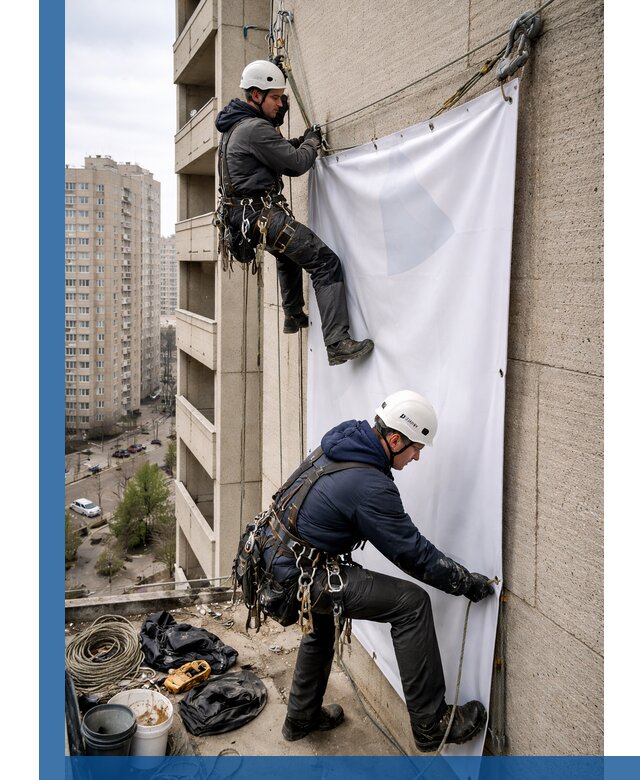 Профессиональный монтаж баннеров на фасаде в Кизляре