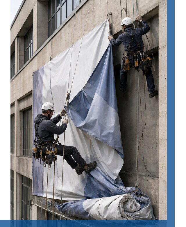 Демонтаж баннеров с фасада в Кизляре от 4572 р. | ВЫСОТНИК-Кзр