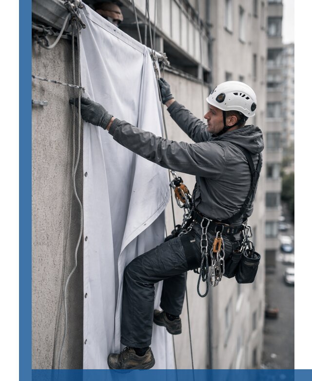 Замена баннерного полотна промышленными альпинистами в Кизляре