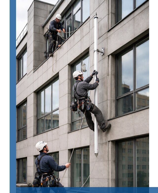 Монтаж флагштока на фасаде здания с креплением и герметикой в Кизляре