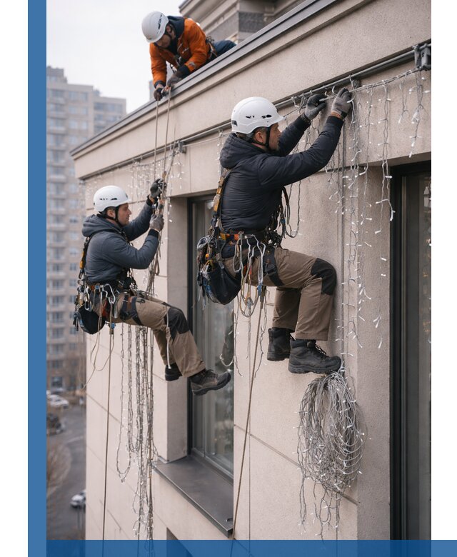 Монтаж праздничных гирлянд на фасаде в Кизляре для зданий