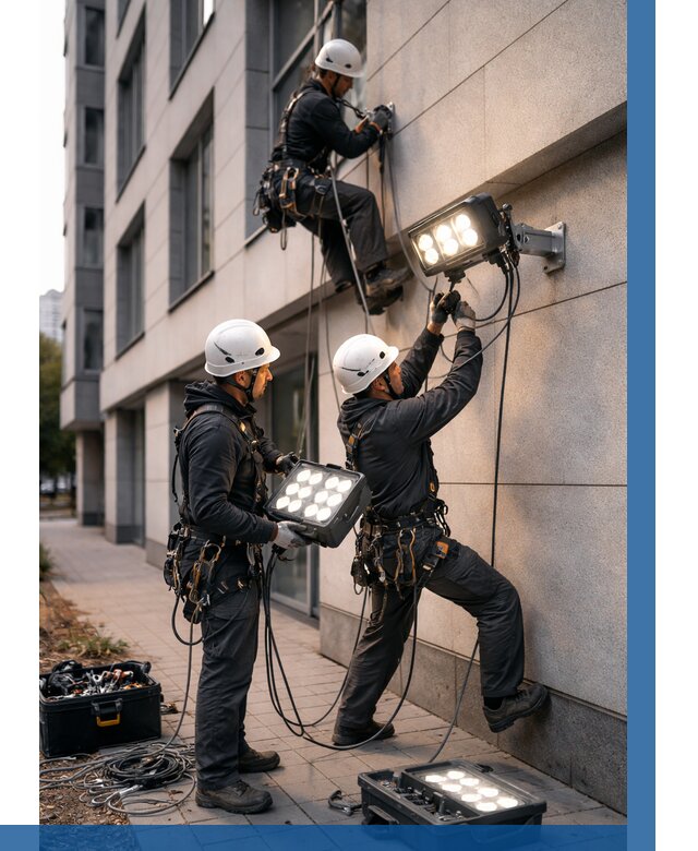 Монтаж прожекторов на фасаде в Кизляре от 7621 р. | ВЫСОТНИК-Кзр