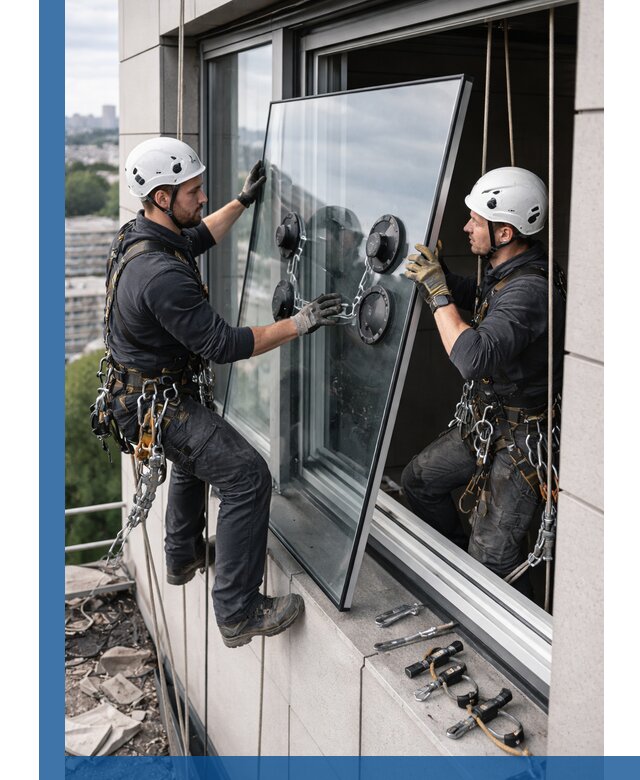 Замена стеклопакетов на высоте с промышленными альпинистами в Кизляре