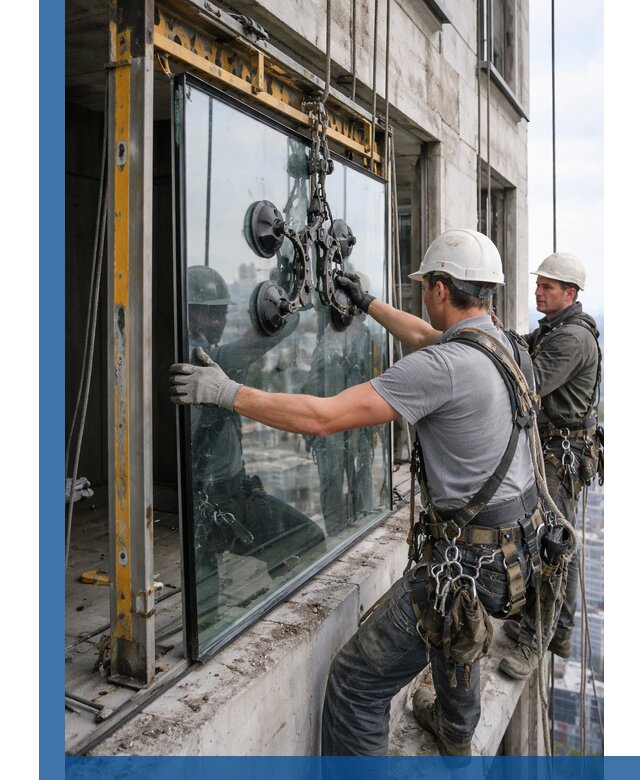 Монтаж стеклопакетов на высоте в Кизляре с промышленным альпинизмом