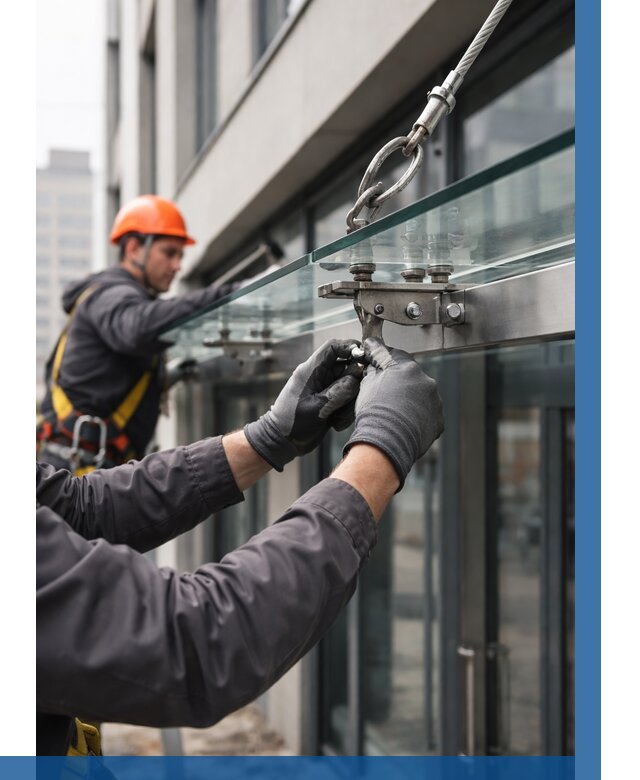 Монтаж стеклянных козырьков в Кизляре от 8637 р. | ВЫСОТНИК-Кзр