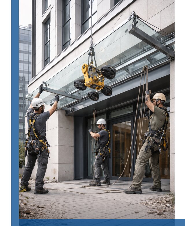 Монтаж стеклянных козырьков под ключ в Кизляре для зданий