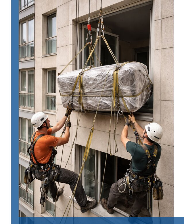 Подъем грузов через окно в Кизляре промышленными альпинистами