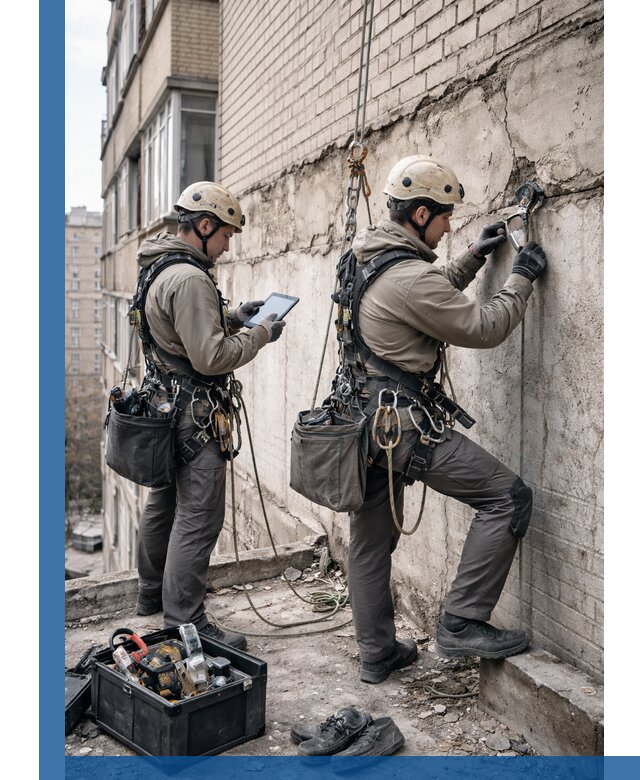 Обследование фасада промышленными альпинистами в Кизляре